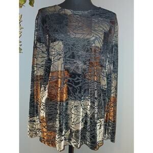N Touch Top Womens Large Black Rust Abstract Print Nylon Long Sleeve Pullover